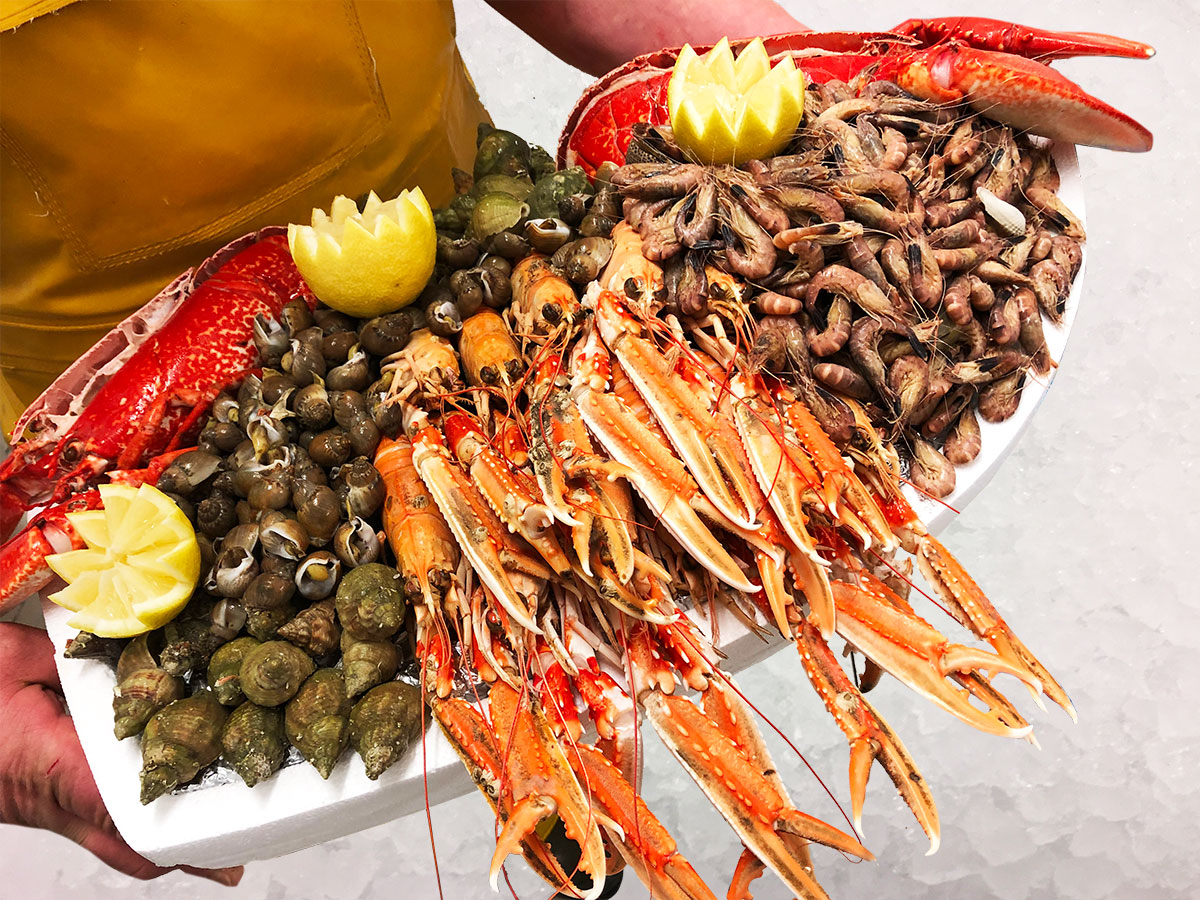 plateau de fruits de mer avec langoustes, langoustines, coquillages